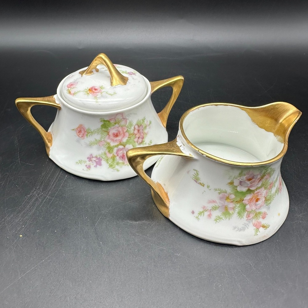 VINTAGE  Z.S. & C  BAVARIA PORCELAIN SUGAR BOWL & CREAMER FLORAL CREAM , GOLD